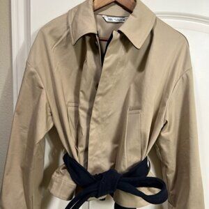 ZARA Short trench jacket with navy blue ribbon belt Size S